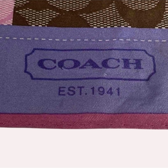 Coach Patchwork Signature Silk Scarf Pink Purple Brown Logo Square - Picture 6 of 6